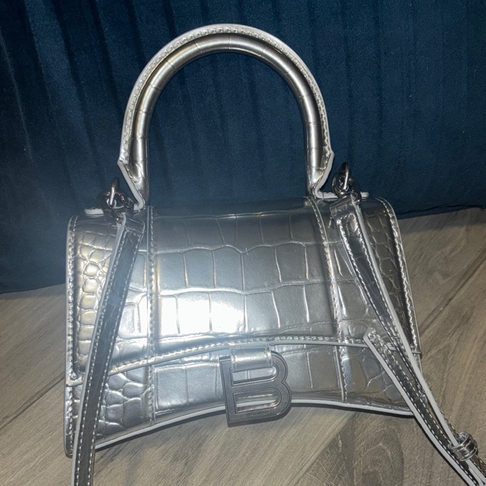 Balenciaga Silver Crossbody Bag with Croc-Embossed Texture